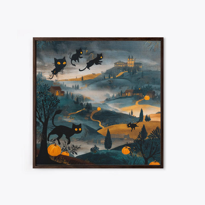 The Black Cat Constellation - Environmental Panorama, Halloween Wall Art, Square Wall Art, Framed Canvas Print, Halloween Home Decor