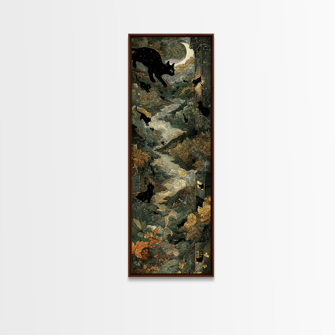 The Black Cat Constellation - Environmental Panorama, Macabre Halloween Art, Tall Narrow Wall Art, Framed Canvas Print, Halloween Home Decor