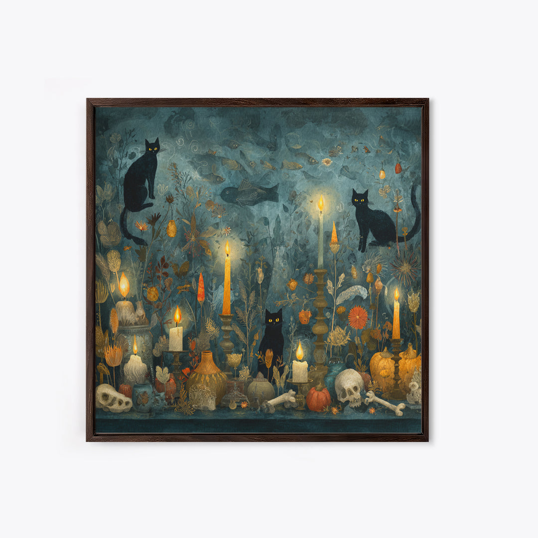 The Black Cat Constellation - Occult Still Life, Occult Wall Decor, Square Wall Art, Canvas Print, Halloween Home Decor, Gothic Wall Art