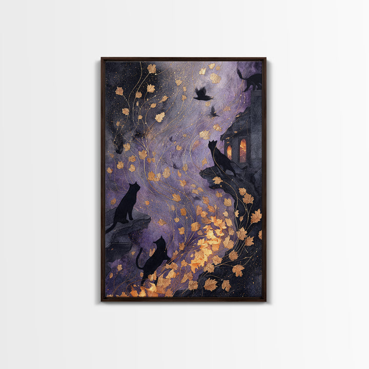 The Black Cat Constellation - Procession Scene, Halloween Wall Art, Vertical Wall Art, Framed Canvas Print, Halloween Home Decor