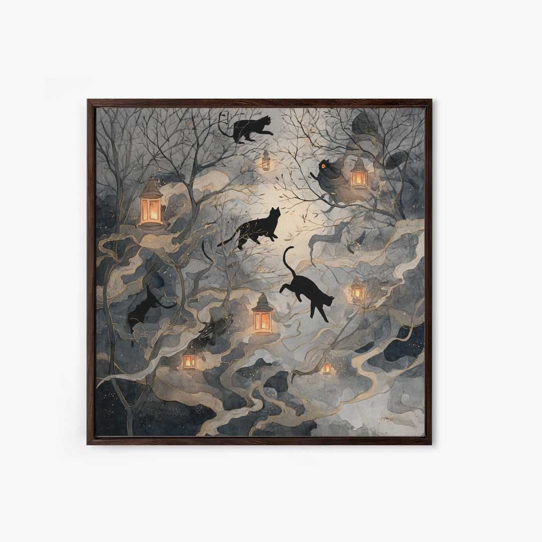 The Black Cat Constellation - Procession Scene, Macabre Halloween Art, Square Wall Art, Framed Canvas Print, Halloween Home Decor
