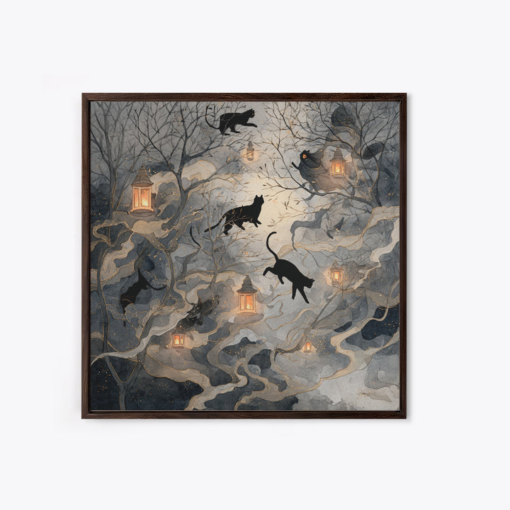 The Black Cat Constellation - Procession Scene, Macabre Halloween Art, Square Wall Art, Framed Canvas Print, Halloween Home Decor