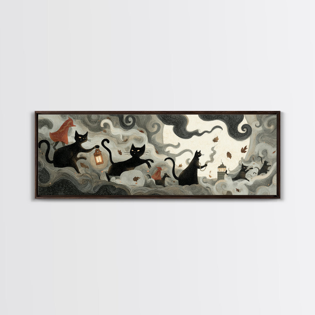 The Black Cat Constellation - Procession Scene, Gothic Home Decor, Extra Wide Wall Art, Canvas Print, Halloween Home Decor, Gothic Wall Art