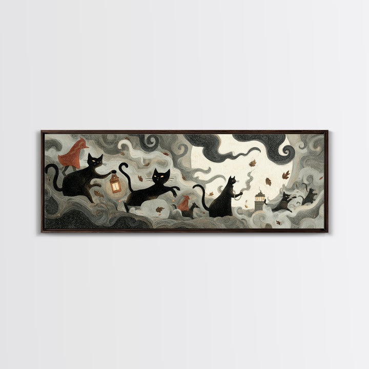 The Black Cat Constellation - Procession Scene, Gothic Home Decor, Extra Wide Wall Art, Canvas Print, Halloween Home Decor, Gothic Wall Art