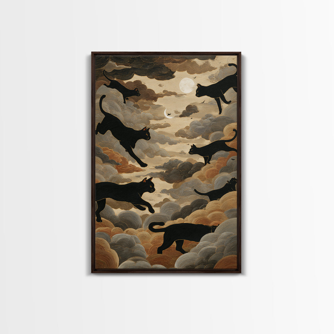 The Black Cat Constellation - Surreal Celestial Vision, Spooky Wall Decor, Vertical Wall Art, Framed Canvas Print, Halloween Home Decor