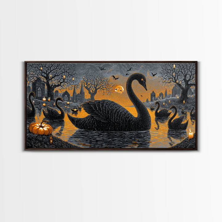 The Cemetery Swan Lake - Icon Portrait, Halloween Wall Art, Wide Panoramic Art, Framed Canvas Print, Halloween Home Decor, Gothic Wall Art
