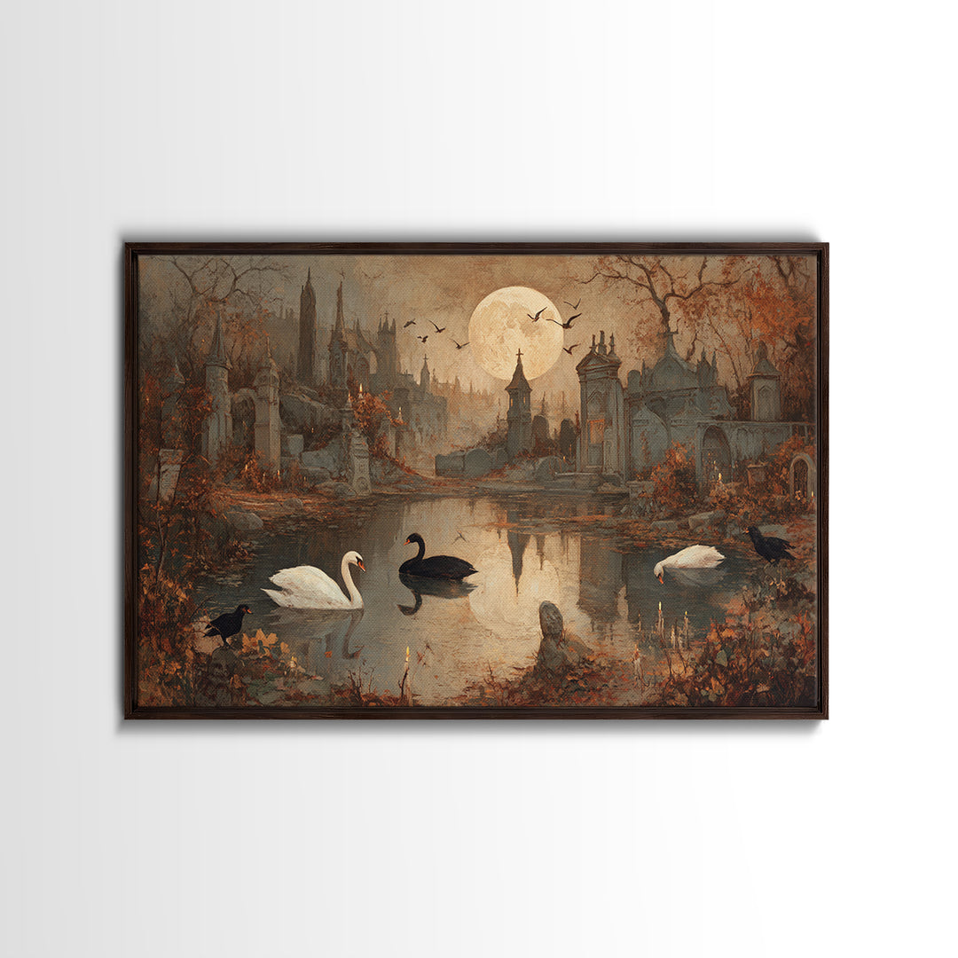 The Cemetery Swan Lake - Environmental Panorama, Occult Wall Decor, Landscape Wall Art, Canvas Print, Halloween Home Decor, Gothic Wall Art