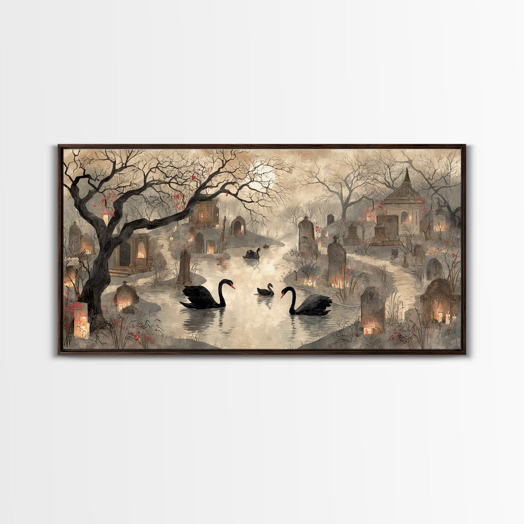 The Cemetery Swan Lake - Environmental Panorama, Dark Fantasy Wall Art, Wide Panoramic Art, Canvas Print, Halloween Home Decor