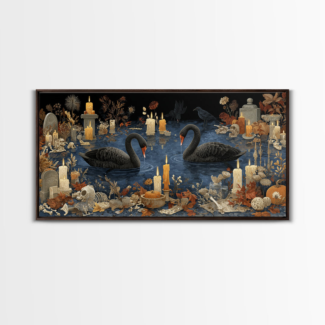The Cemetery Swan Lake - Occult Still Life, Halloween Wall Art, Wide Panoramic Art, Framed Canvas Print, Halloween Home Decor