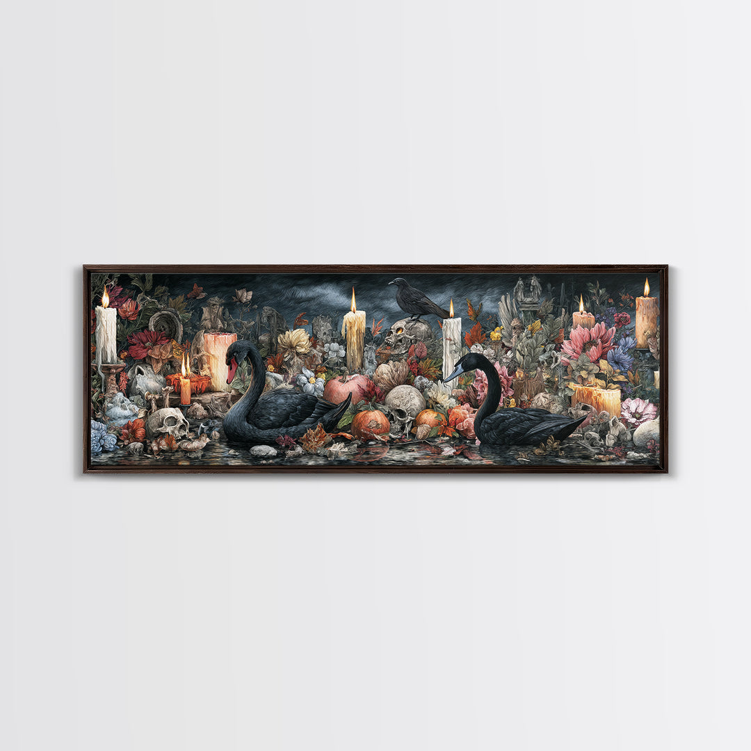 The Cemetery Swan Lake - Occult Still Life, Occult Wall Decor, Extra Wide Wall Art, Canvas Print, Halloween Home Decor, Gothic Wall Art