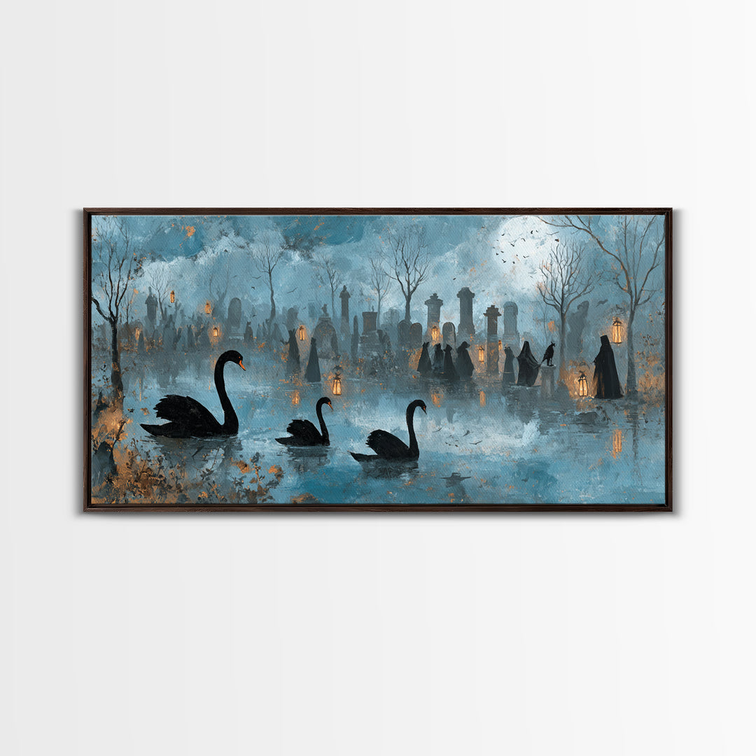 The Cemetery Swan Lake - Procession Scene, Spooky Wall Decor, Wide Panoramic Art, Framed Canvas Print, Halloween Home Decor, Gothic Wall Art