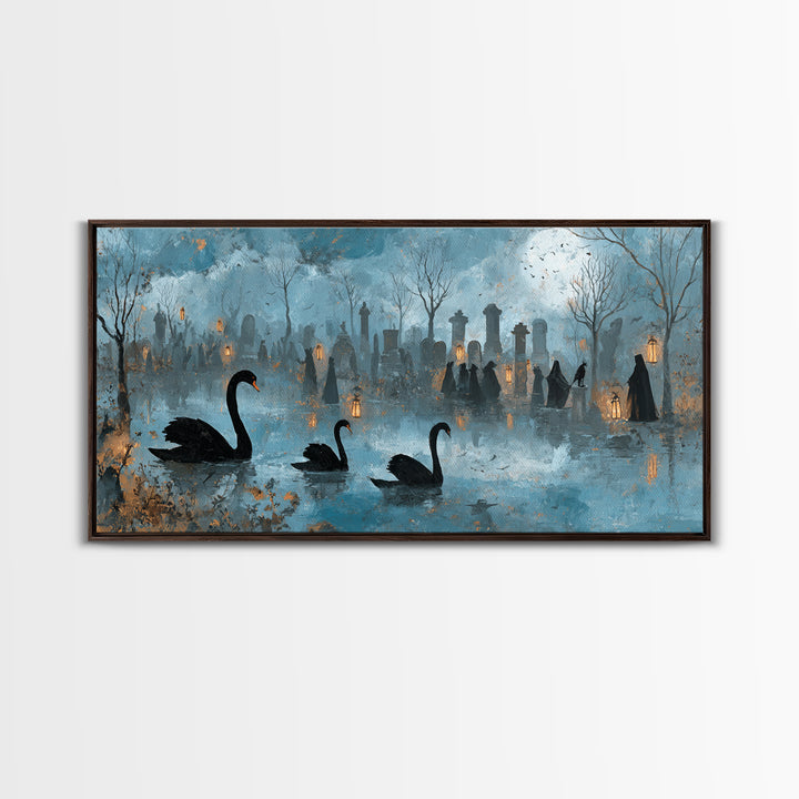 The Cemetery Swan Lake - Procession Scene, Spooky Wall Decor, Wide Panoramic Art, Framed Canvas Print, Halloween Home Decor, Gothic Wall Art