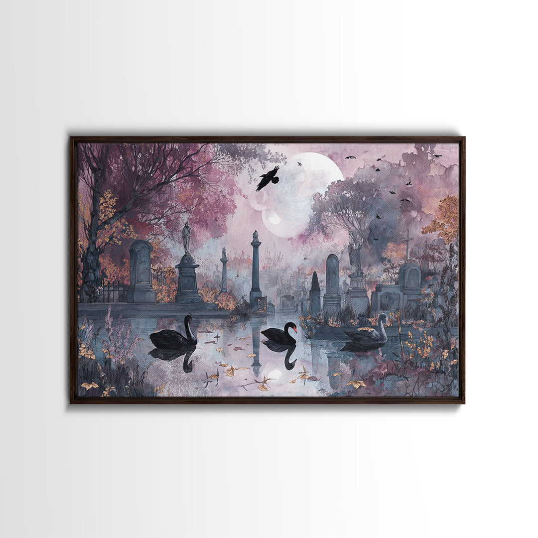 The Cemetery Swan Lake - Surreal Celestial Vision, Macabre Halloween Art, Landscape Wall Art, Framed Canvas Print, Halloween Home Decor