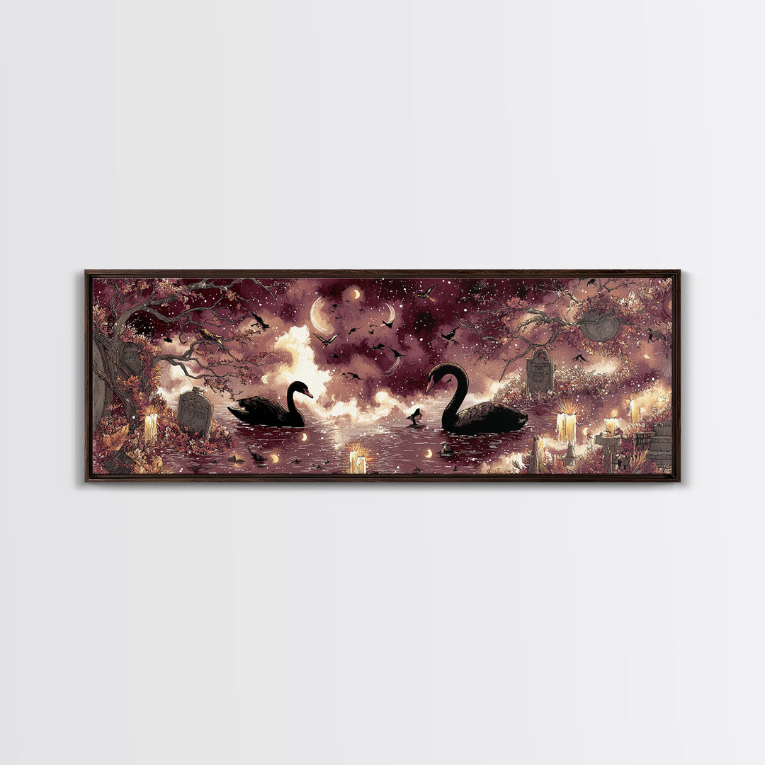 The Cemetery Swan Lake - Surreal Celestial Vision, Gothic Home Decor, Extra Wide Wall Art, Canvas Print, Halloween Home Decor