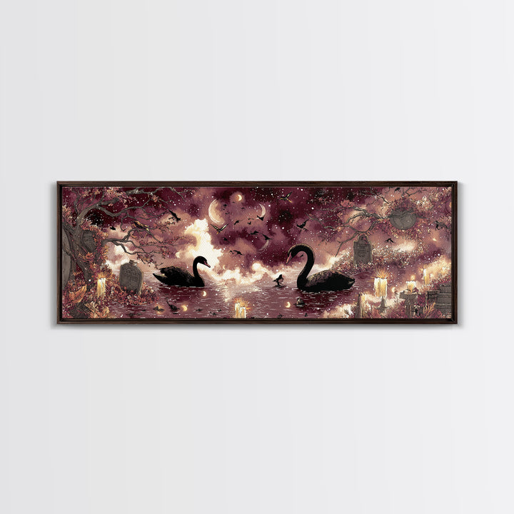 The Cemetery Swan Lake - Surreal Celestial Vision, Gothic Home Decor, Extra Wide Wall Art, Canvas Print, Halloween Home Decor