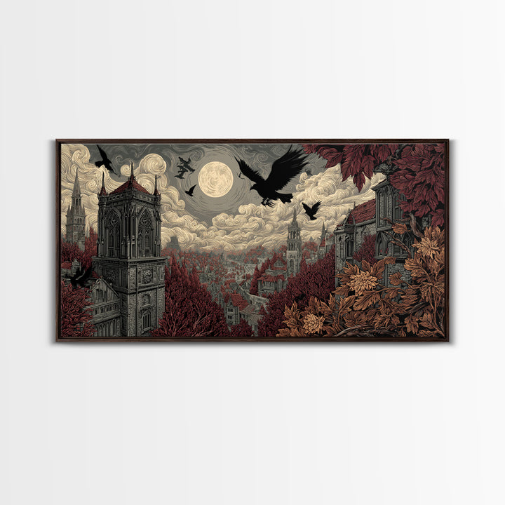 The Gargoyle Rooftop Choir - Environmental Panorama, Dark Fantasy Wall Art, Wide Panoramic Art, Canvas Print, Halloween Home Decor