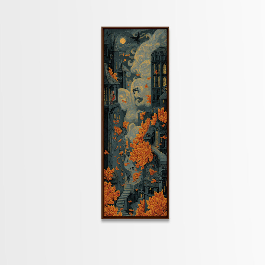 The Gargoyle Rooftop Choir - Environmental Panorama, Dark Fantasy Wall Art, Tall Narrow Wall Art, Canvas Print, Halloween Home Decor