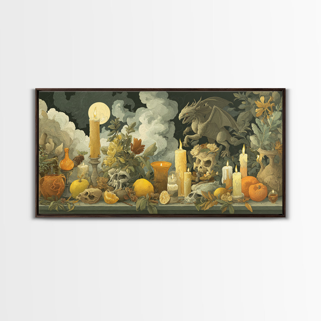 The Gargoyle Rooftop Choir - Occult Still Life, Gothic Home Decor, Wide Panoramic Art, Canvas Print, Halloween Home Decor, Gothic Wall Art