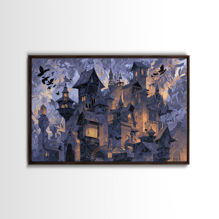 The Gargoyle Rooftop Choir - Procession Scene, Macabre Halloween Art, Landscape Wall Art, Framed Canvas Print, Halloween Home Decor