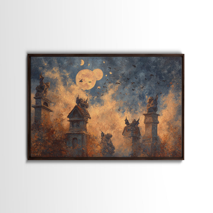 The Gargoyle Rooftop Choir - Surreal Celestial Vision, Halloween Wall Art, Landscape Wall Art, Framed Canvas Print, Halloween Home Decor