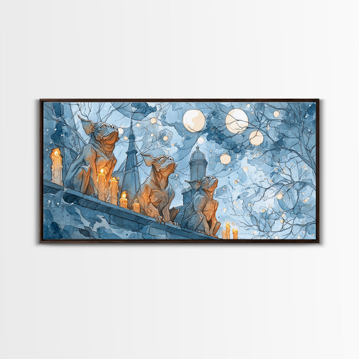 The Gargoyle Rooftop Choir - Surreal Celestial Vision, Macabre Halloween Art, Wide Panoramic Art, Framed Canvas Print, Halloween Home Decor