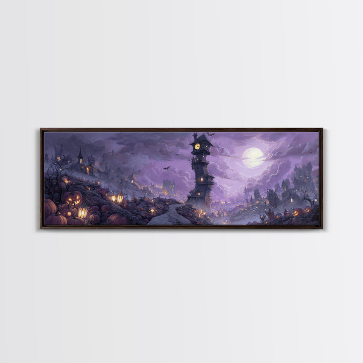 The October Clock Tower - Environmental Panorama, Spooky Wall Decor, Extra Wide Wall Art, Framed Canvas Print, Halloween Home Decor