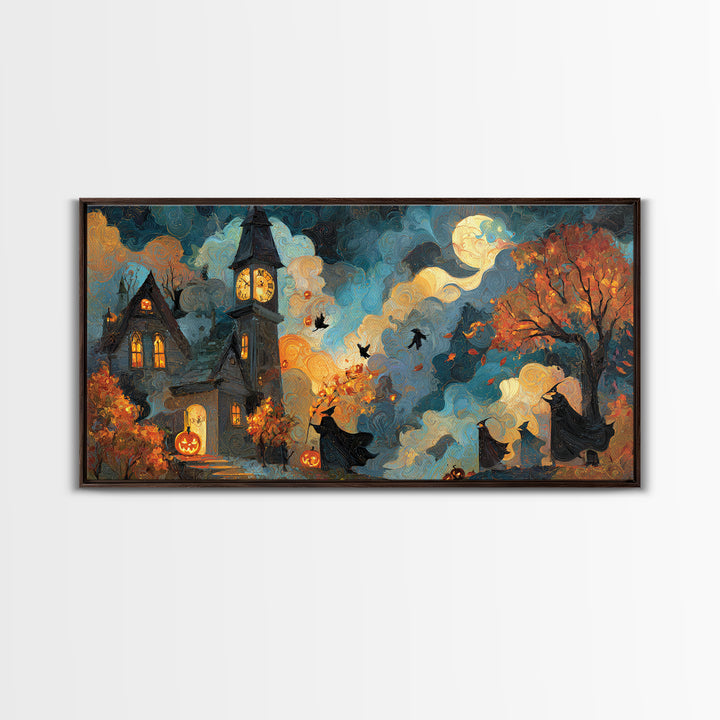 The October Clock Tower - Procession Scene, Halloween Wall Art, Wide Panoramic Art, Framed Canvas Print, Halloween Home Decor