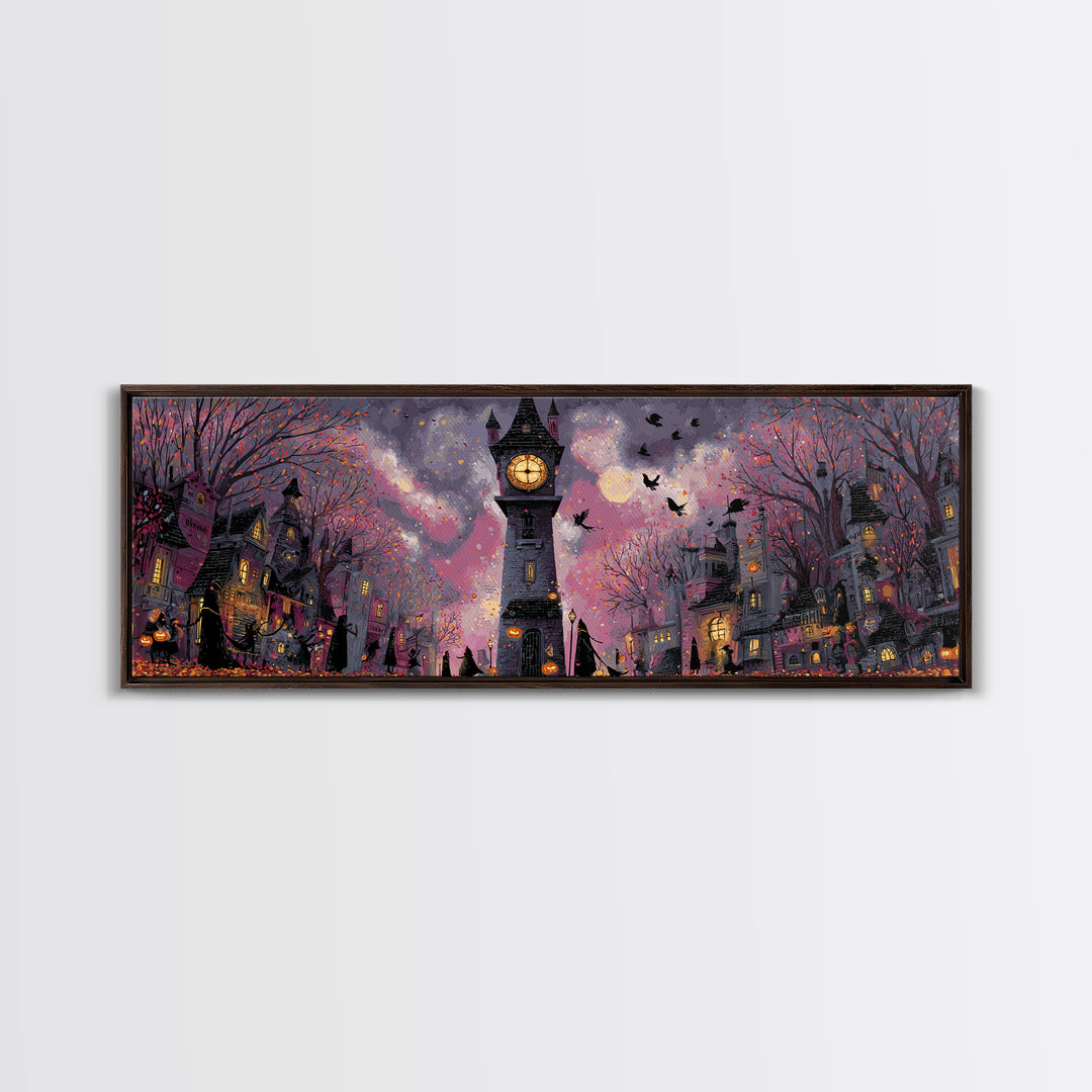 The October Clock Tower - Procession Scene, Gothic Home Decor, Extra Wide Wall Art, Canvas Print, Halloween Home Decor, Gothic Wall Art