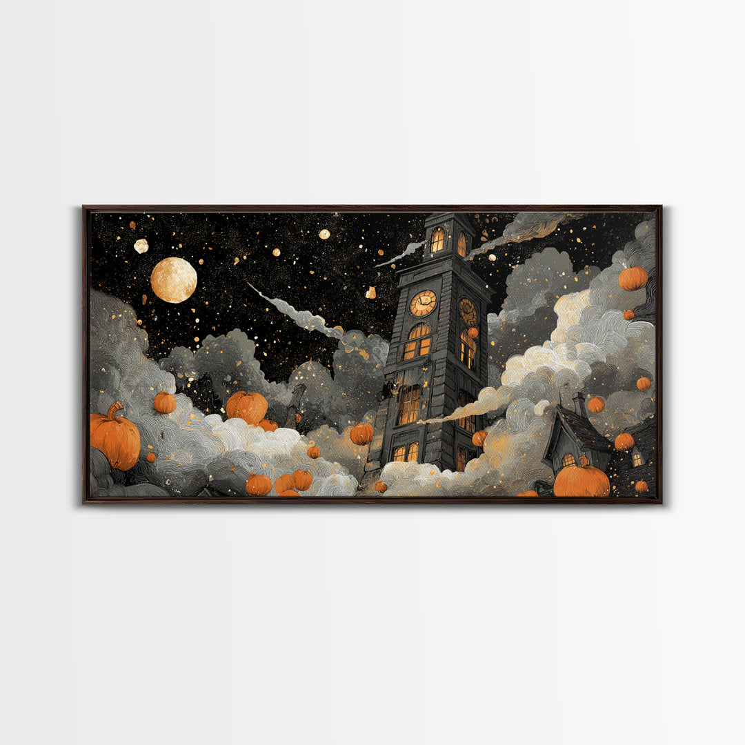 The October Clock Tower - Surreal Celestial Vision, Spooky Wall Decor, Wide Panoramic Art, Framed Canvas Print, Halloween Home Decor