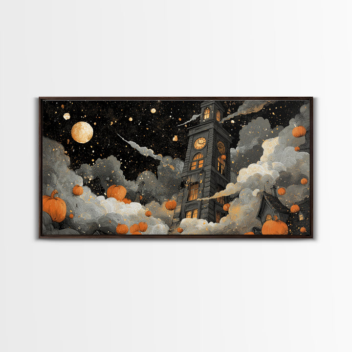 The October Clock Tower - Surreal Celestial Vision, Spooky Wall Decor, Wide Panoramic Art, Framed Canvas Print, Halloween Home Decor