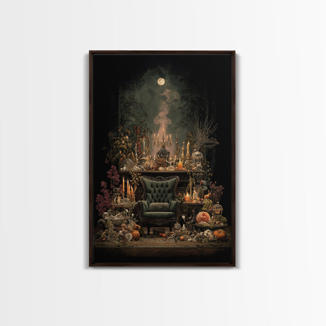 The Spider Queen Parlor - Occult Still Life, Spooky Wall Decor, Vertical Wall Art, Framed Canvas Print, Halloween Home Decor