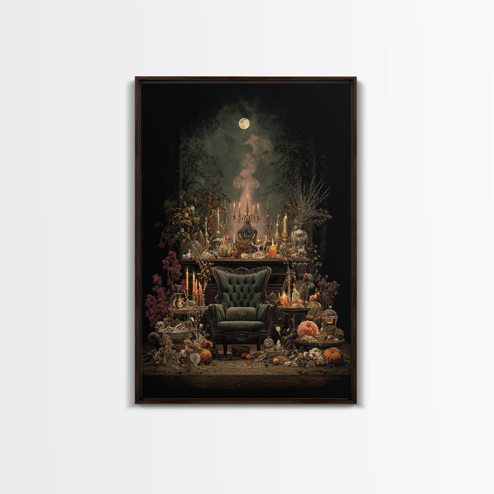 The Spider Queen Parlor - Occult Still Life, Spooky Wall Decor, Vertical Wall Art, Framed Canvas Print, Halloween Home Decor