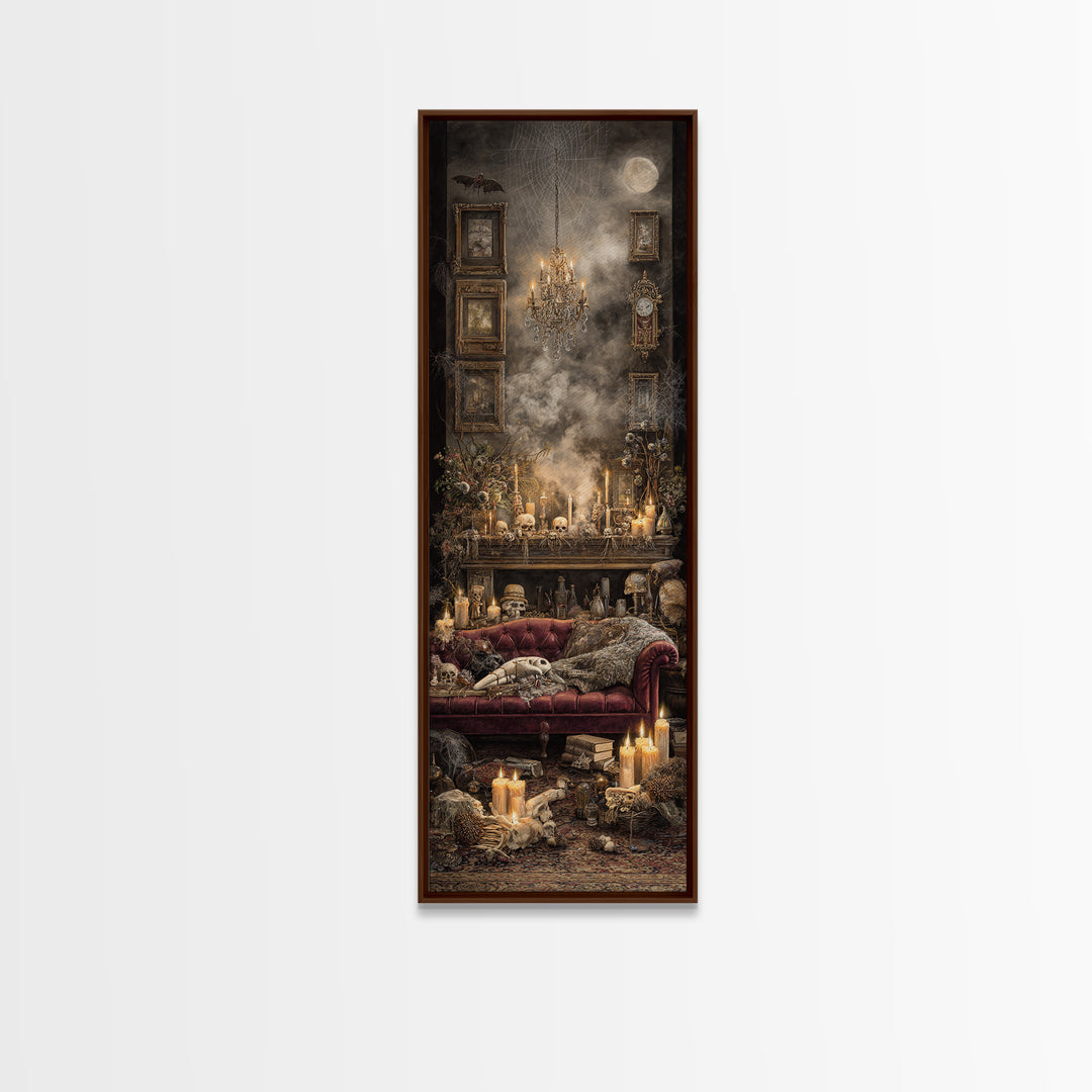 The Spider Queen Parlor - Occult Still Life, Spooky Wall Decor, Tall Narrow Wall Art, Framed Canvas Print, Halloween Home Decor