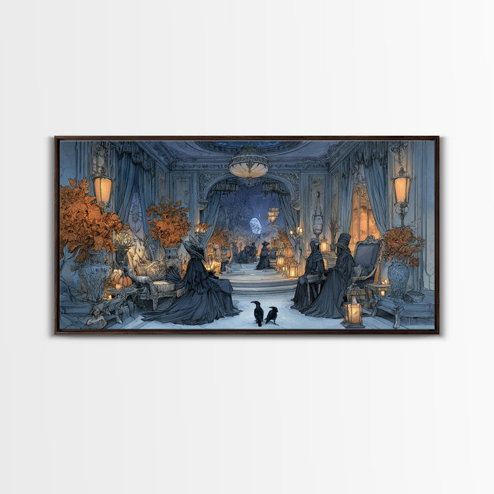 The Spider Queen Parlor - Procession Scene, Spooky Wall Decor, Wide Panoramic Art, Framed Canvas Print, Halloween Home Decor