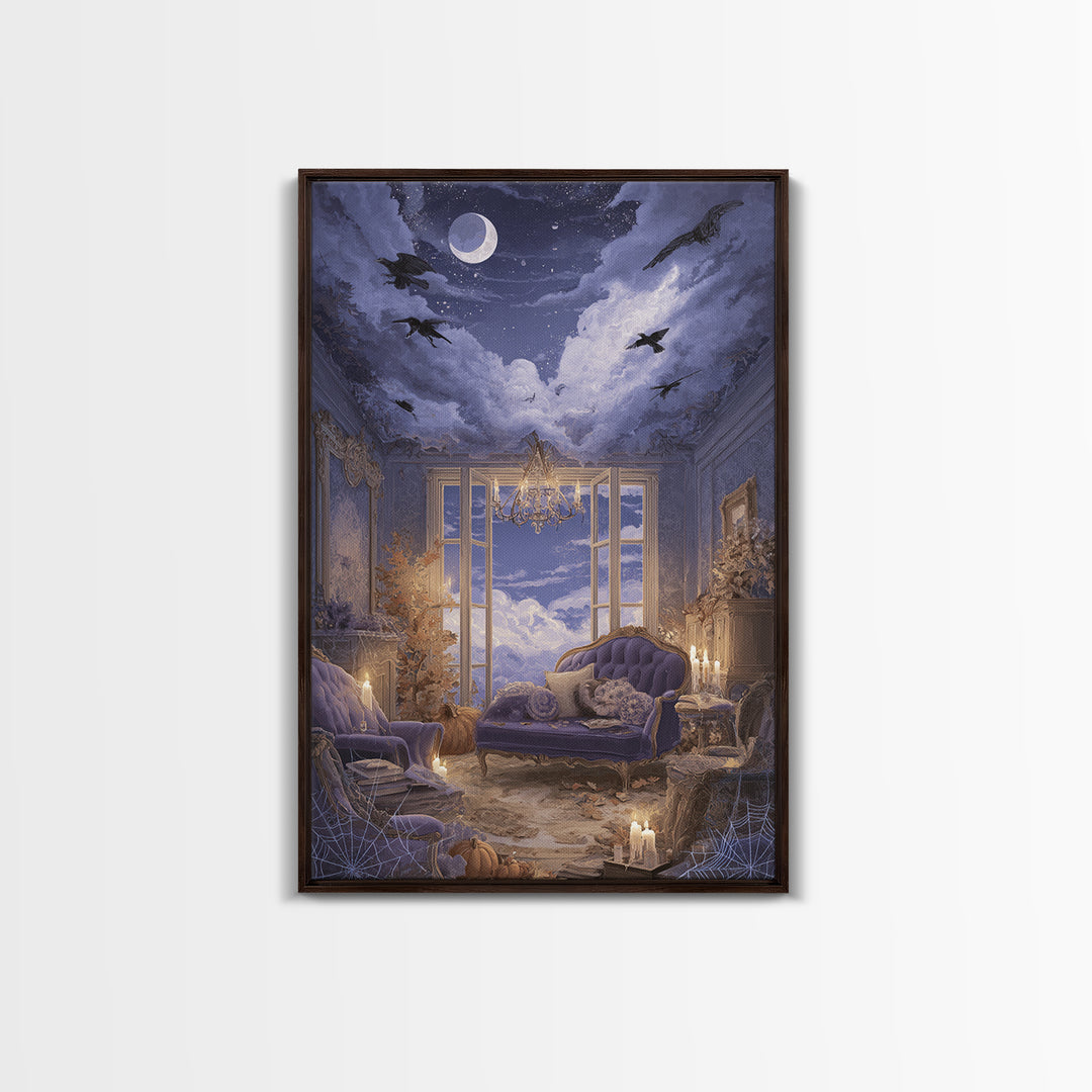 The Spider Queen Parlor - Surreal Celestial Vision, Macabre Halloween Art, Vertical Wall Art, Framed Canvas Print, Halloween Home Decor