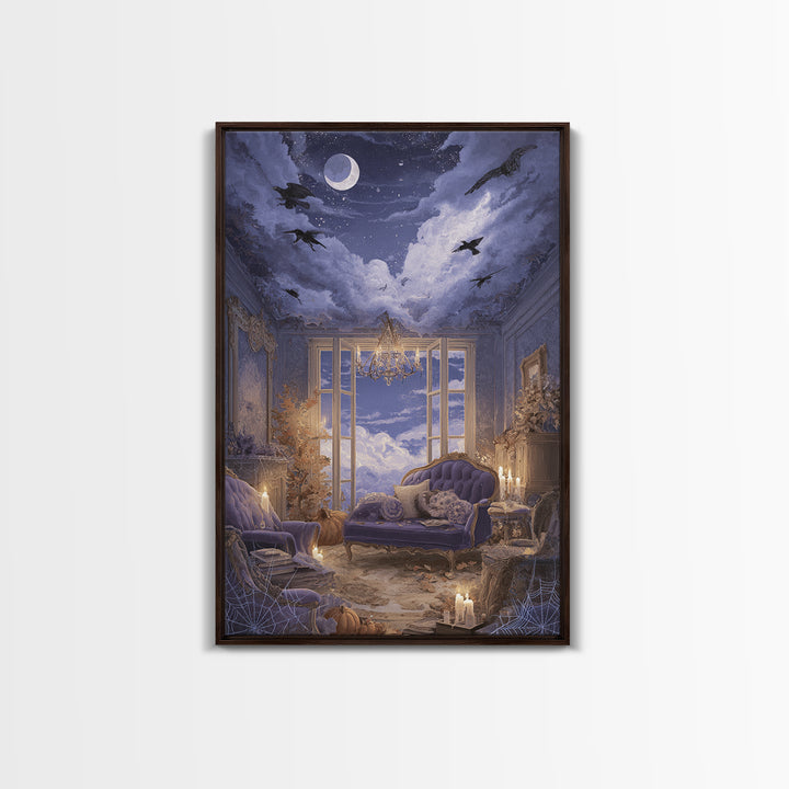 The Spider Queen Parlor - Surreal Celestial Vision, Macabre Halloween Art, Vertical Wall Art, Framed Canvas Print, Halloween Home Decor