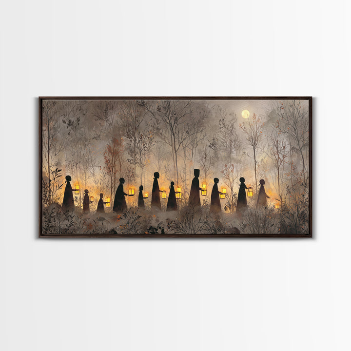 The Golden Funeral Procession - Icon Portrait, Macabre Halloween Art, Wide Panoramic Art, Framed Canvas Print, Halloween Home Decor