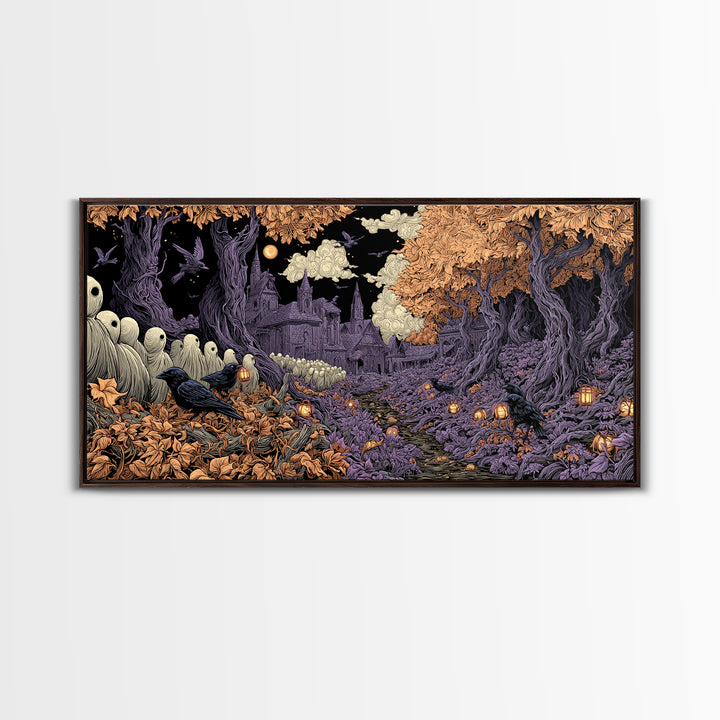 The Golden Funeral Procession - Environmental Panorama, Occult Wall Decor, Wide Panoramic Art, Canvas Print, Halloween Home Decor