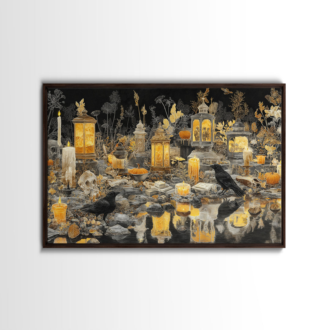 The Golden Funeral Procession - Occult Still Life, Halloween Wall Art, Landscape Wall Art, Framed Canvas Print, Halloween Home Decor