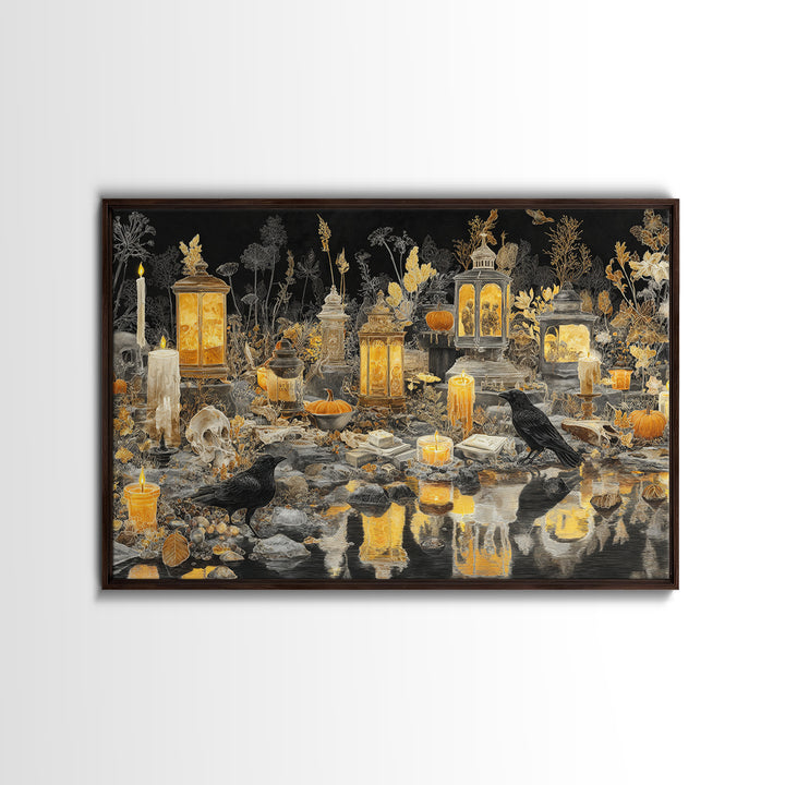 The Golden Funeral Procession - Occult Still Life, Halloween Wall Art, Landscape Wall Art, Framed Canvas Print, Halloween Home Decor