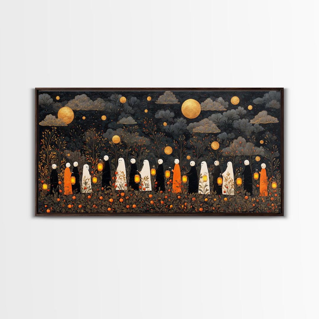 The Golden Funeral Procession - Surreal Celestial Vision, Dark Fantasy Wall Art, Wide Panoramic Art, Canvas Print, Halloween Home Decor