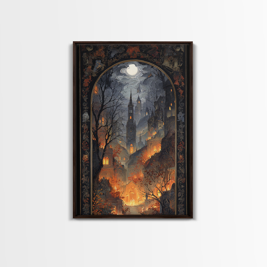 The Monster In The Mirror Cabinet - Environmental Panorama, Macabre Halloween Art, Vertical Wall Art, Framed Canvas Print, Gothic Wall Art