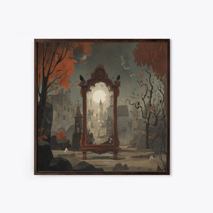 The Monster In The Mirror Cabinet - Environmental Panorama, Halloween Wall Art, Square Wall Art, Framed Canvas Print, Halloween Home Decor