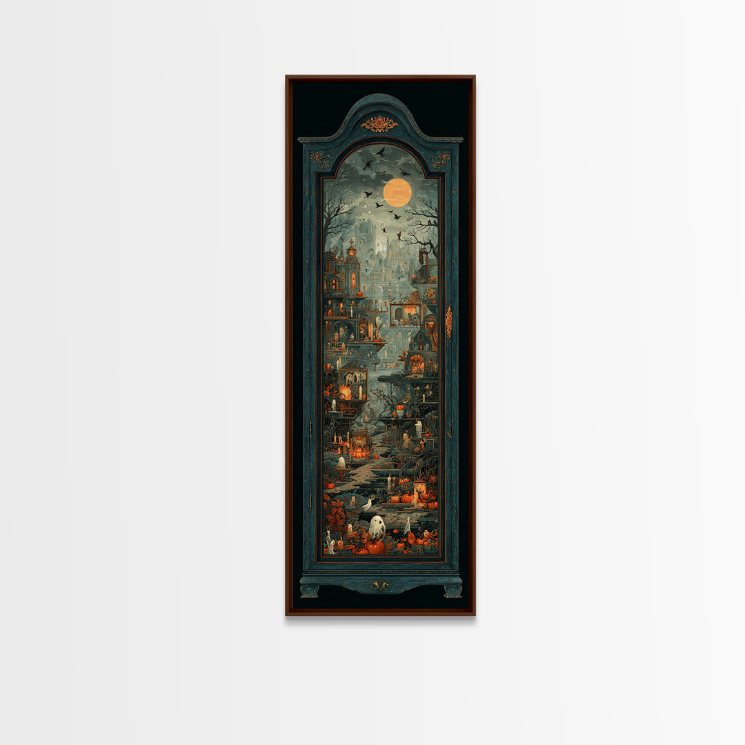 The Monster In The Mirror Cabinet - Environmental Panorama, Halloween Wall Art, Tall Narrow Wall Art, Framed Canvas Print, Gothic Wall Art