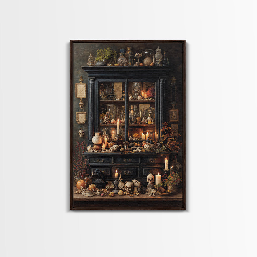 The Monster In The Mirror Cabinet - Occult Still Life, Macabre Halloween Art, Vertical Wall Art, Framed Canvas Print, Halloween Home Decor