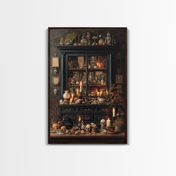 The Monster In The Mirror Cabinet - Occult Still Life, Macabre Halloween Art, Vertical Wall Art, Framed Canvas Print, Halloween Home Decor