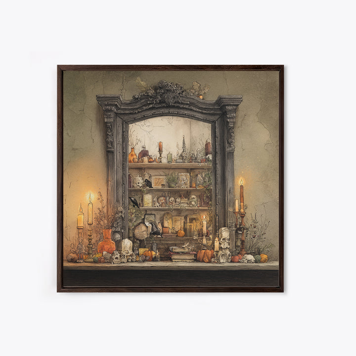 The Monster In The Mirror Cabinet - Occult Still Life, Dark Fantasy Wall Art, Square Wall Art, Canvas Print, Halloween Home Decor