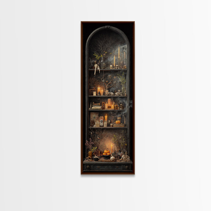 The Monster In The Mirror Cabinet - Occult Still Life, Dark Fantasy Wall Art, Tall Narrow Wall Art, Canvas Print, Halloween Home Decor