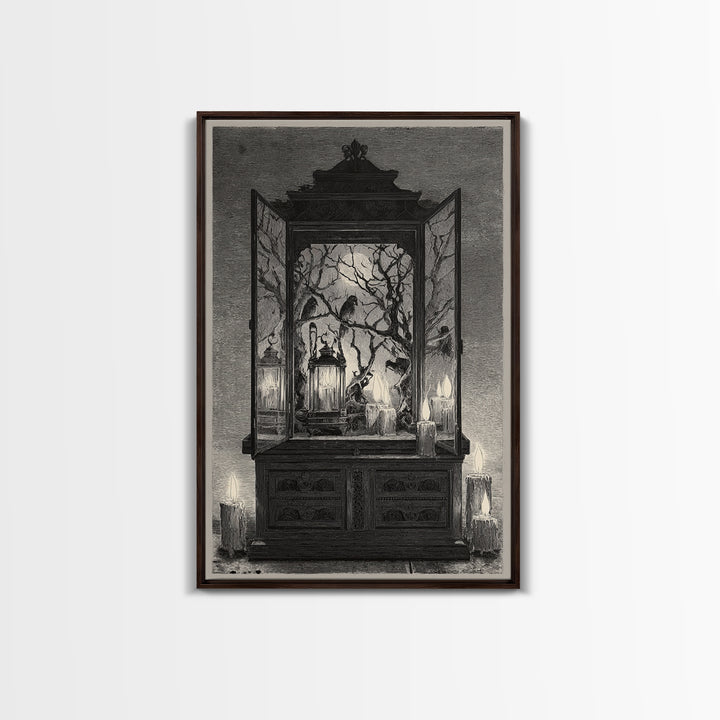 The Monster In The Mirror Cabinet - Procession Scene, Macabre Halloween Art, Vertical Wall Art, Framed Canvas Print, Halloween Home Decor