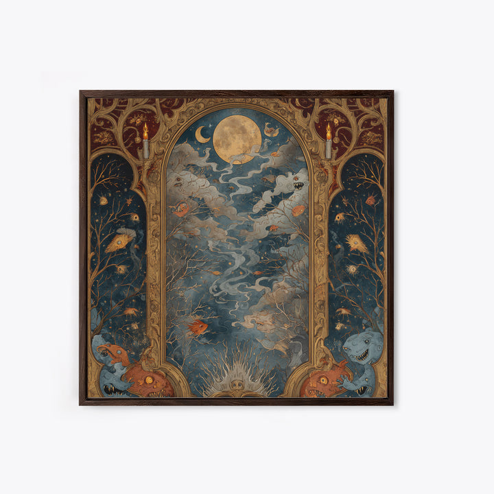 The Monster In The Mirror Cabinet - Surreal Celestial Vision, Macabre Halloween Art, Square Wall Art, Framed Canvas Print, Gothic Wall Art